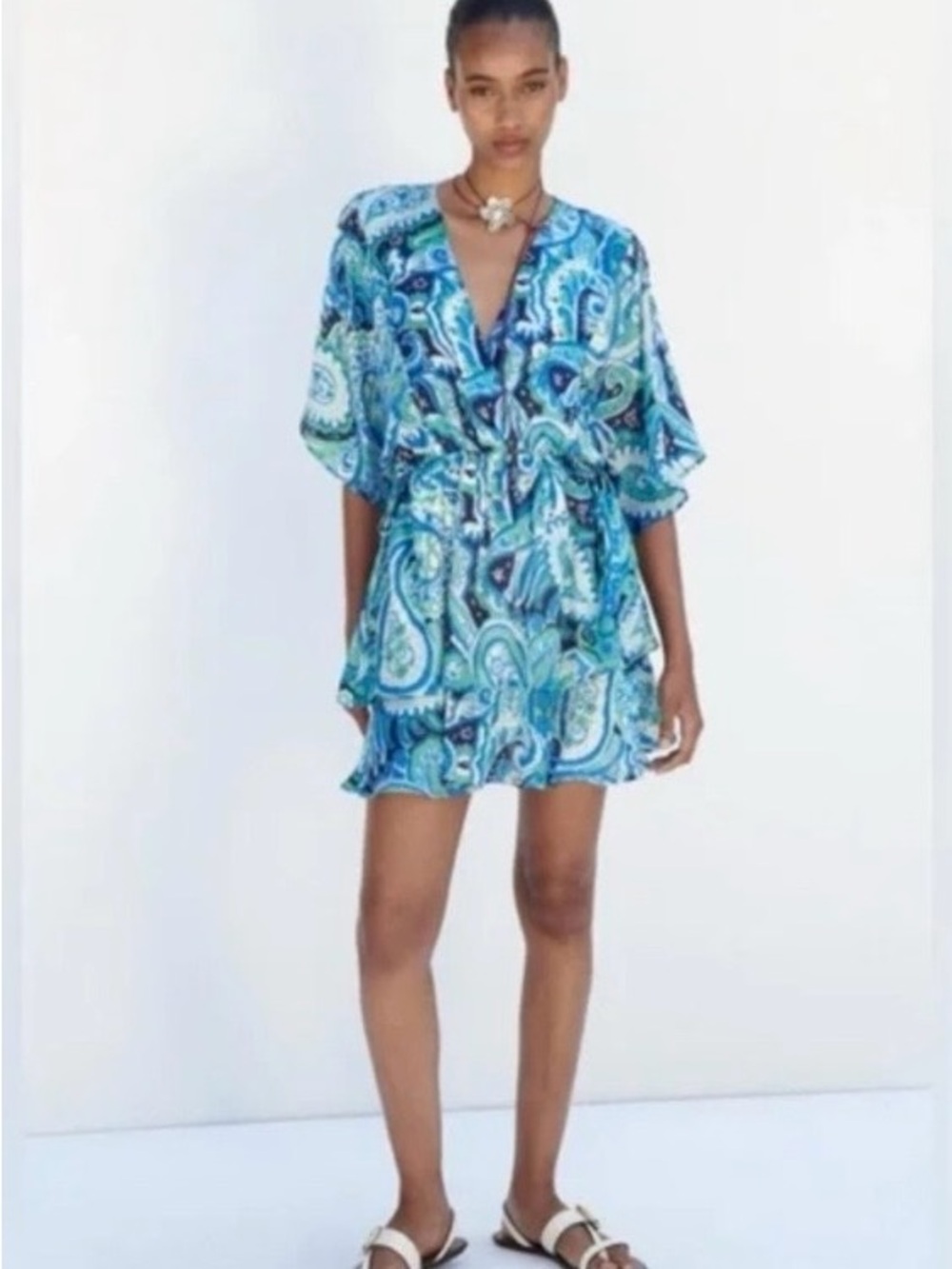 Zara Blue Paisley V-Neck Mini Dress